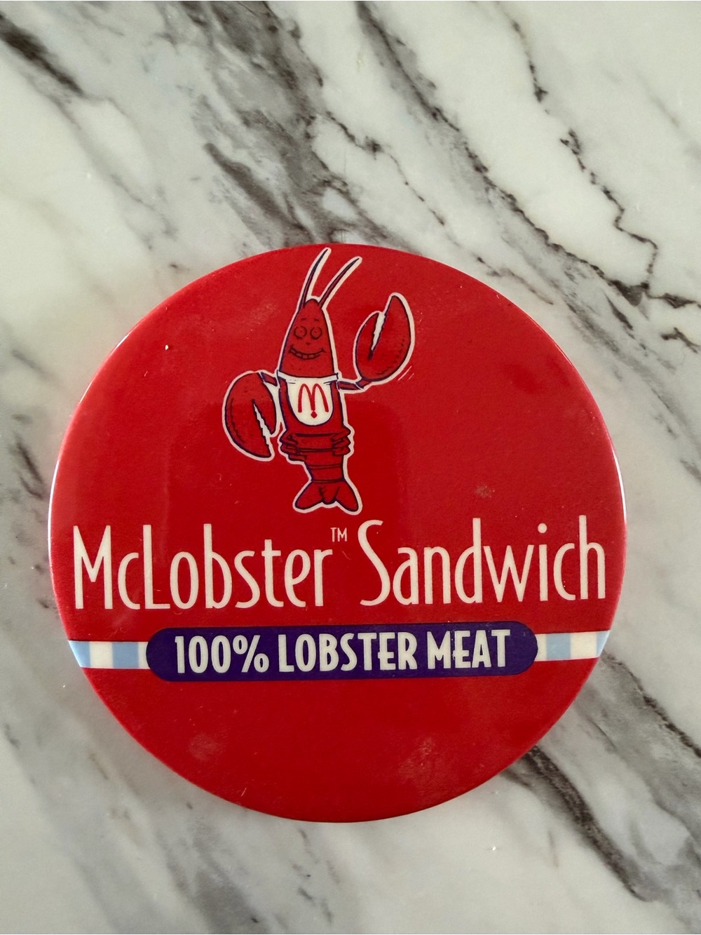 2 for $8 - McLobster Sandwich Red Button Pin - vintage 1980-1990s